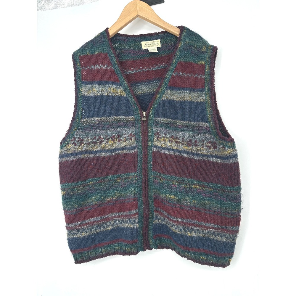 Vintage St Johns Bay Sweater Vest Mens M Striped Full Zip Wool Blend Grandpa